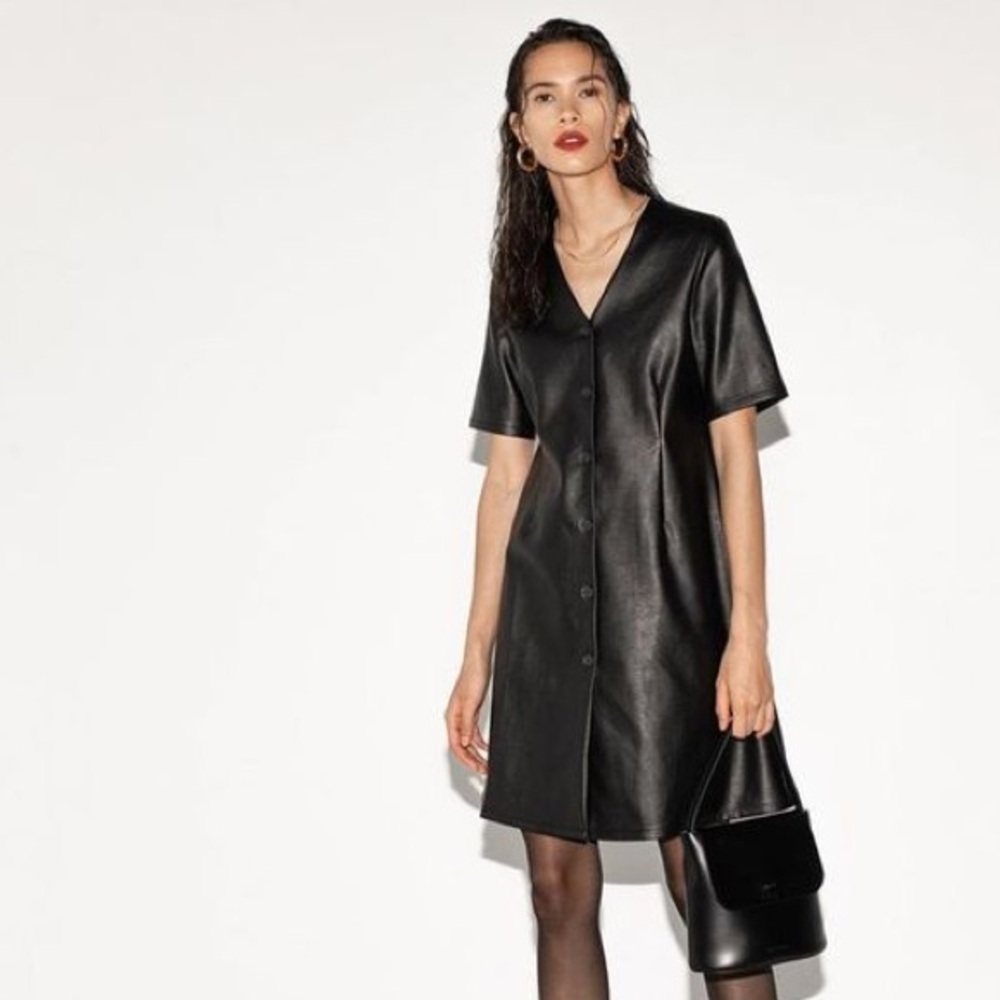 Oak + Fort Button Faux Leather Button Down Dress XS